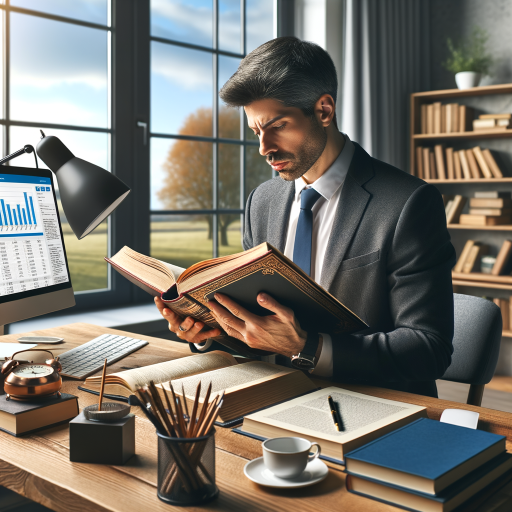 Professional Man reading, researching, or attending a seminar zoom out version