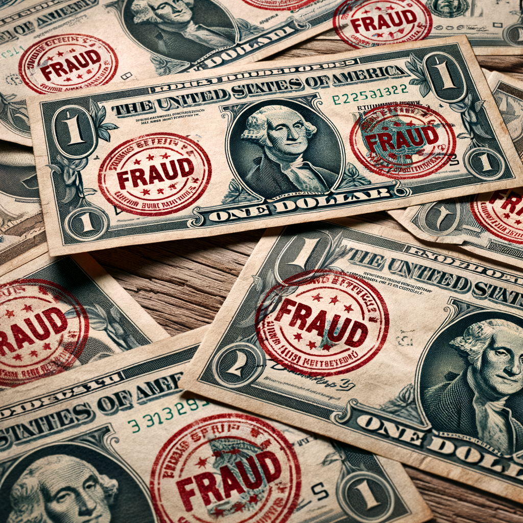 Old counterfeit bills with a 'fraud' stamp without human or hands image.