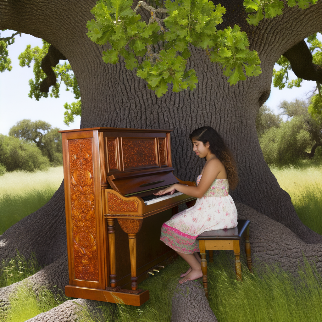 a beautiful girl sitting next to a tree playing piano