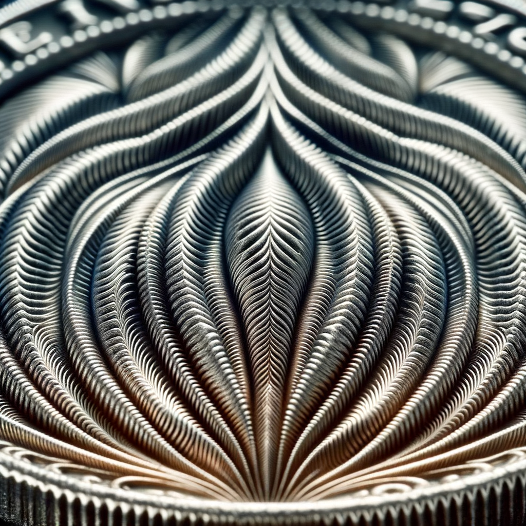 A close-up view of a coin's ridges.