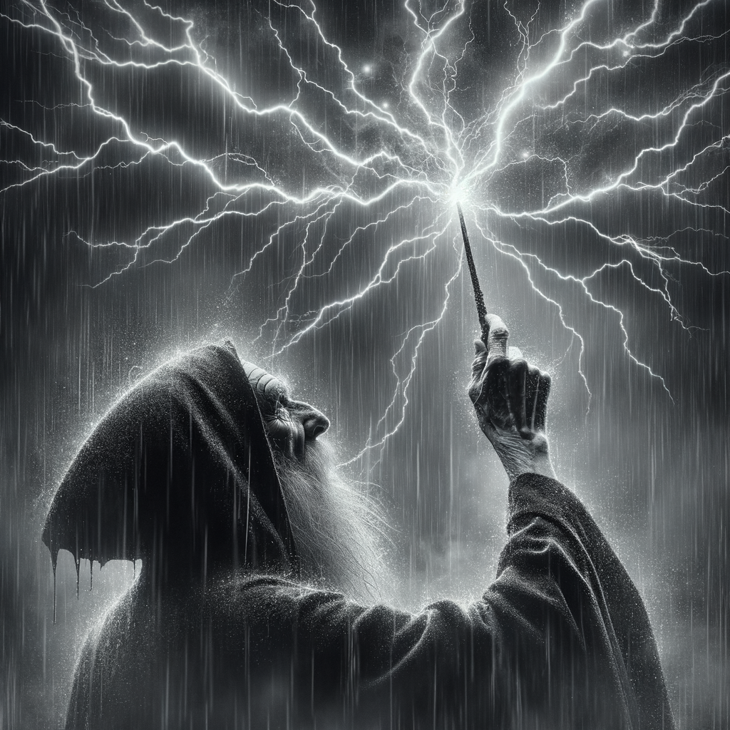 An old man with hidden face using a wand to generate the thunder light in the dark rainy sky