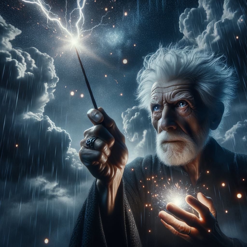 An old man using a wand to generate the thunder light in the dark rainy sky