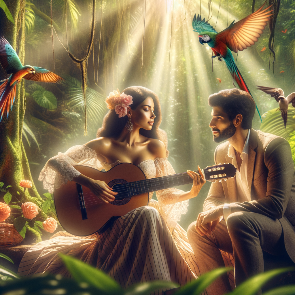 A romantic women playing guitar for her handsome husband in the jungle