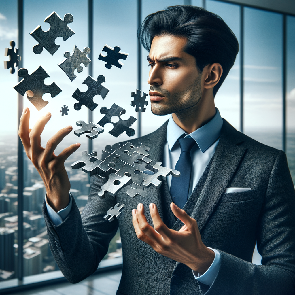 A successful man brainstorming or solving a puzzle.