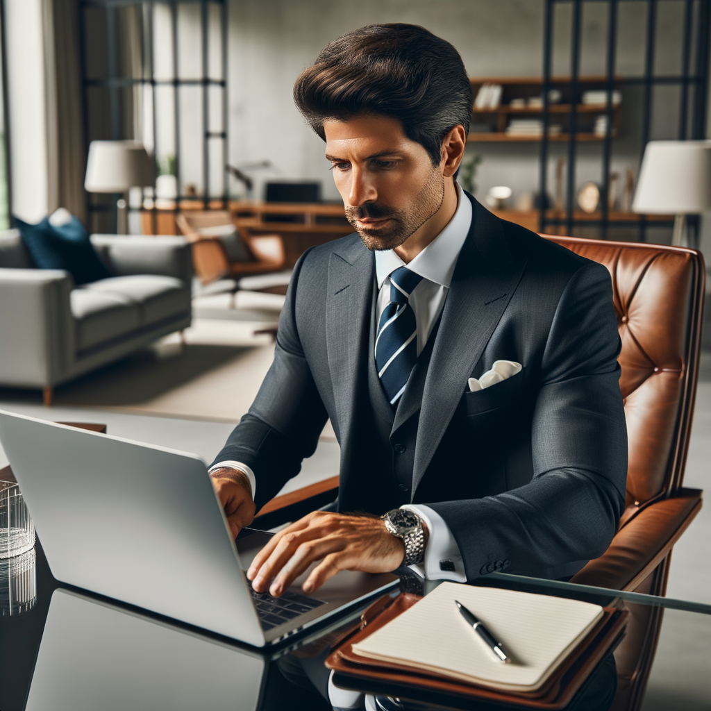 A successful man reading or taking an online course.