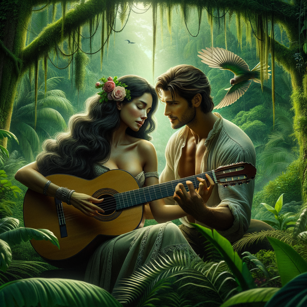 A romantic women with long hairs playing guitar for her handsome husband in the jungle