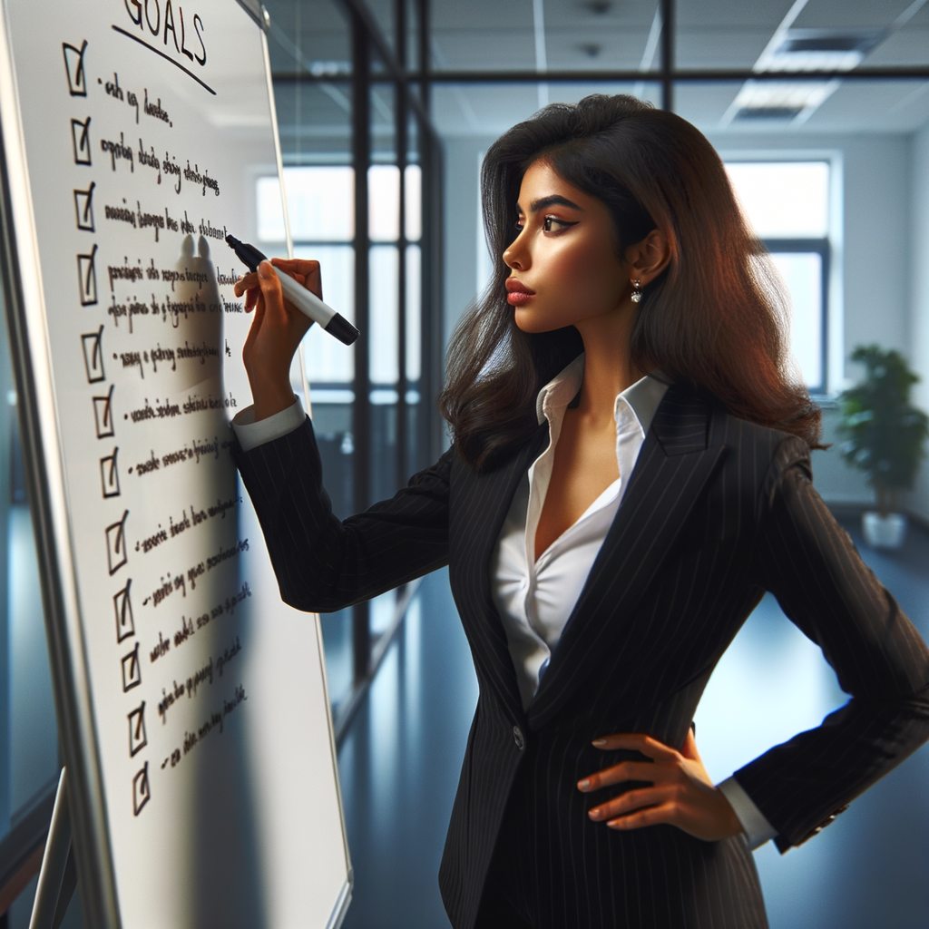 A successful person writing goals on a whiteboard preparing for success.