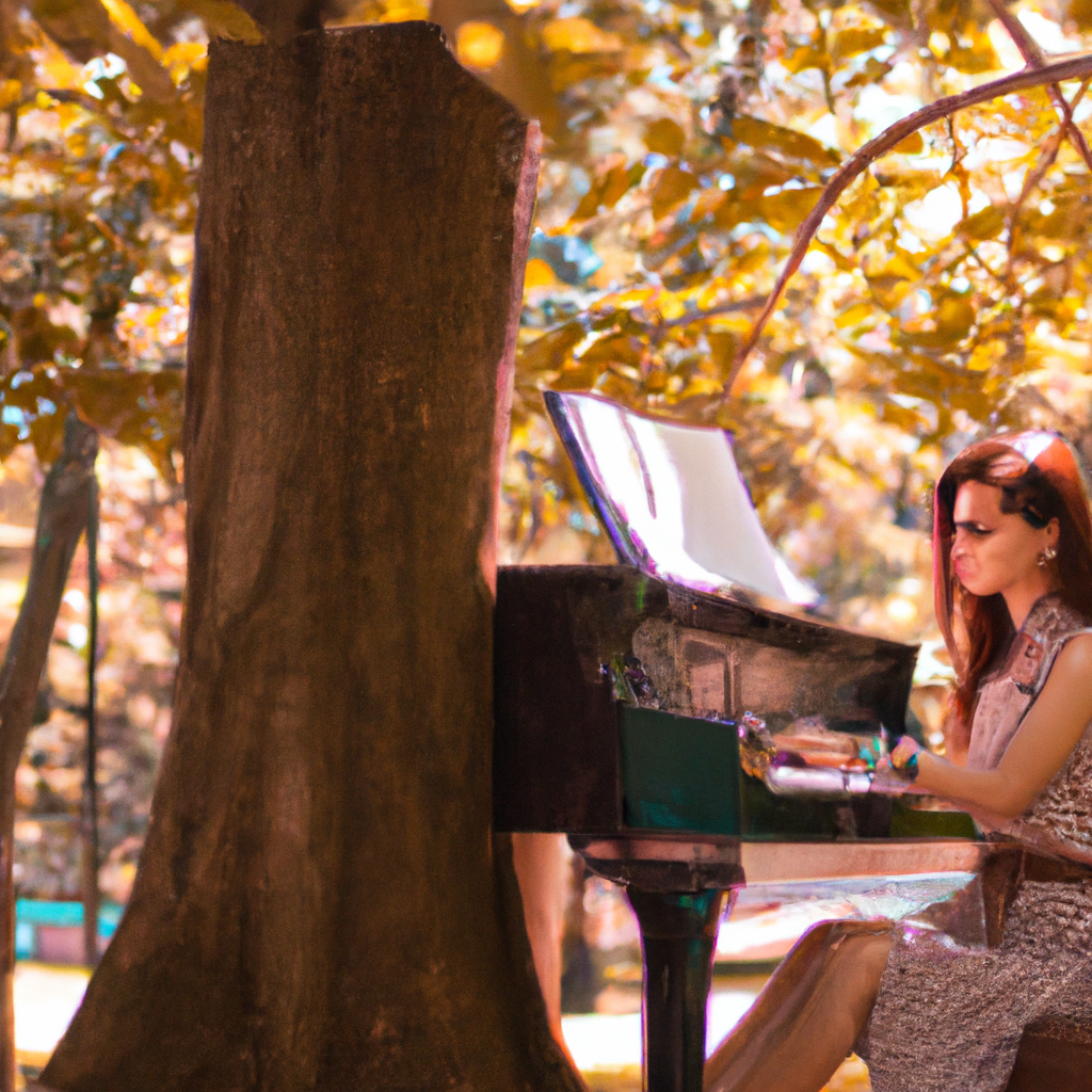 a beautiful girl sitting next to a tree playing piano