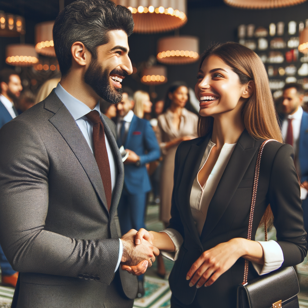 Two succesful people shaking hands or networking at an event..