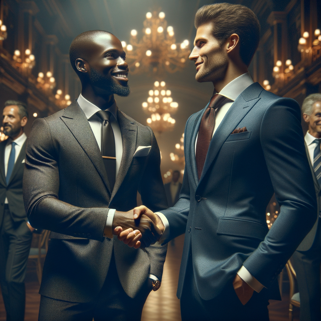 Two successful men shaking hands or networking at an event.