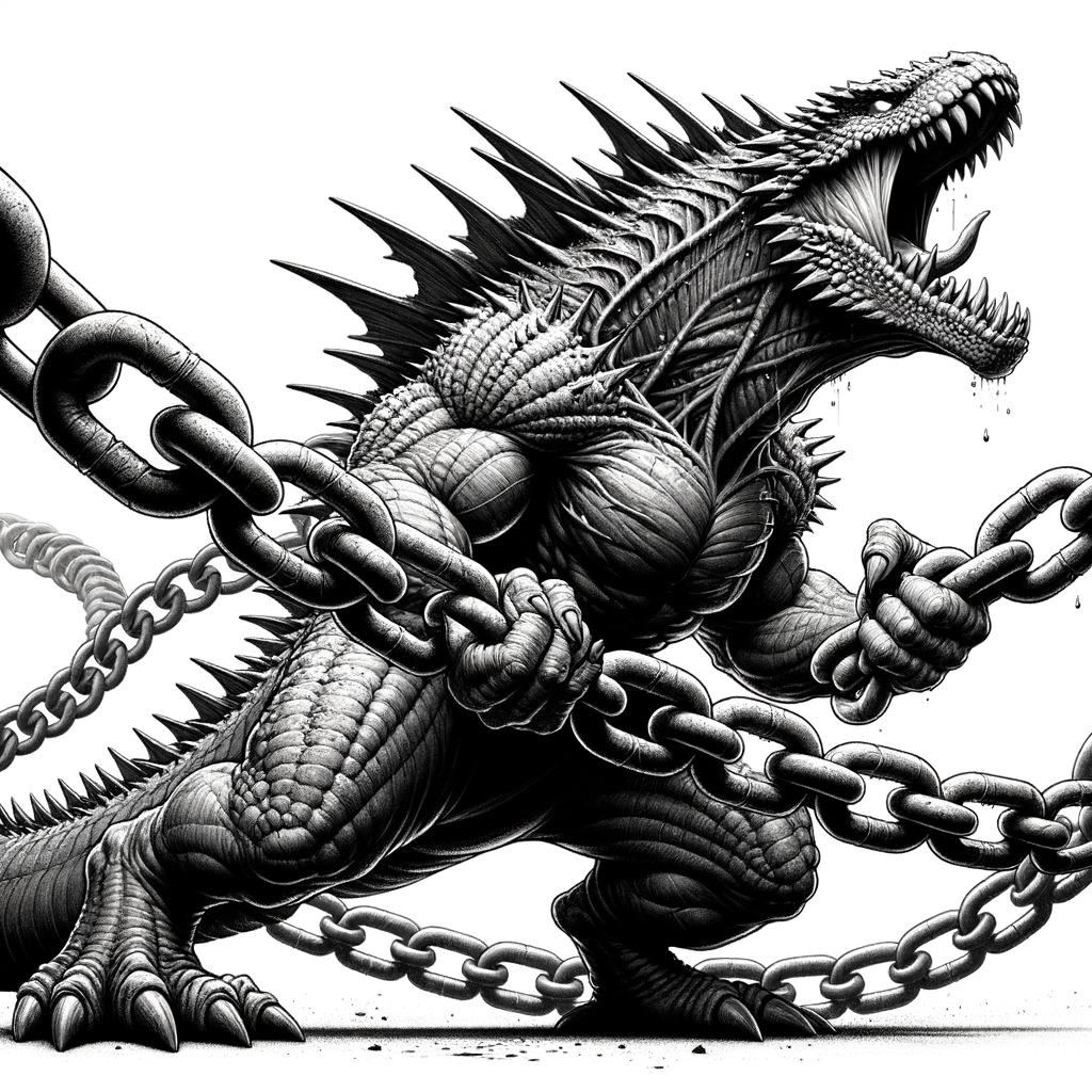 Godzilla trapped in a big chain trying to escape