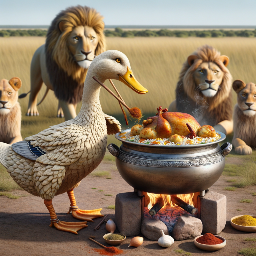Duck cooking chicken biryani for lions make a realistic image