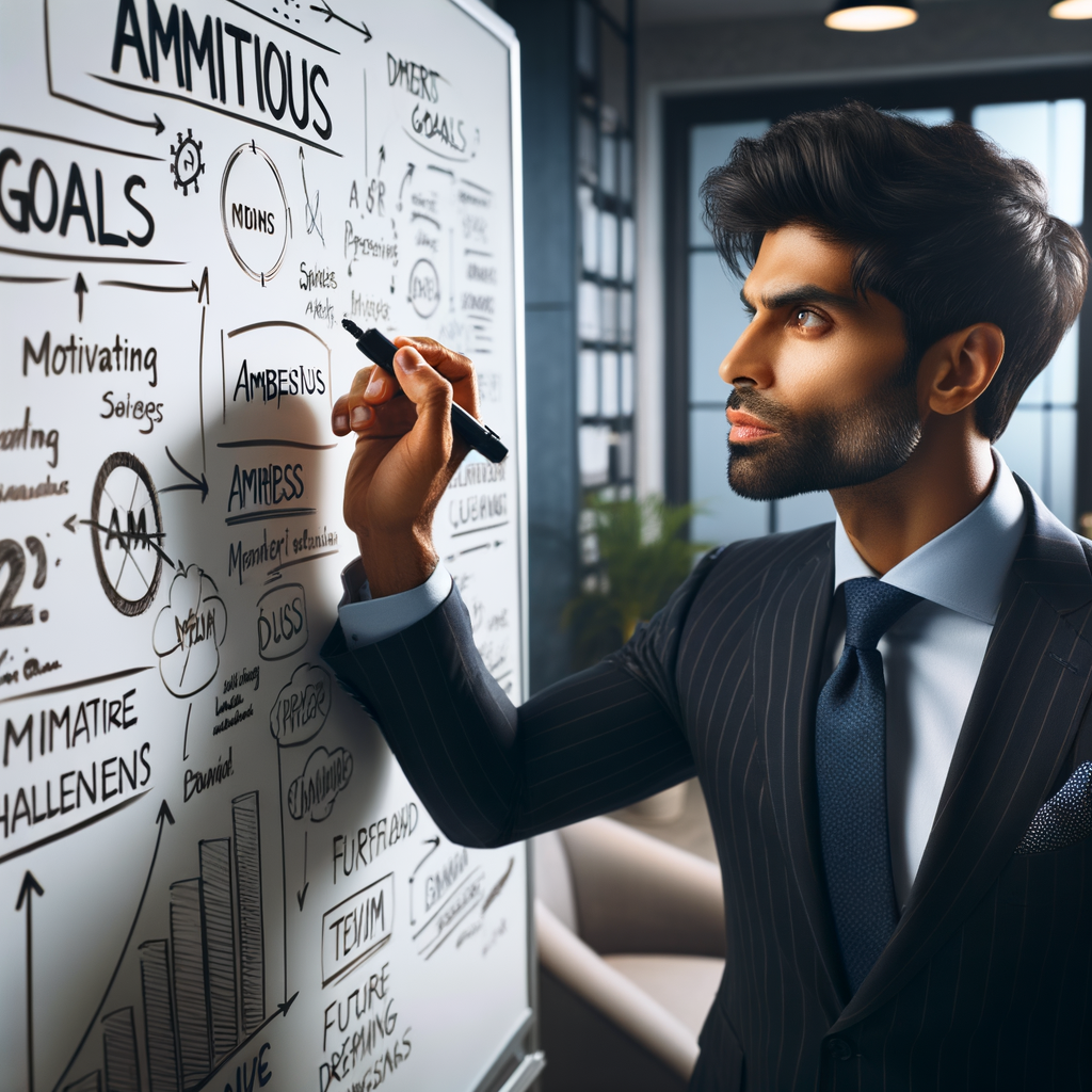 A successful man writing goals on a whiteboard preparing for success.