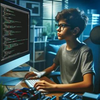 Boy computer programmer finding bug in the program