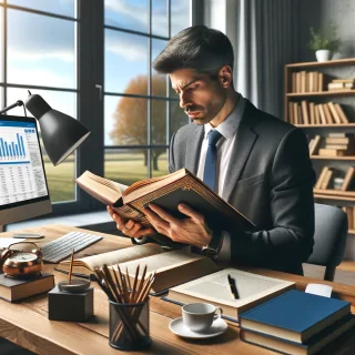 Professional Man reading, researching, or attending a seminar zoom out version