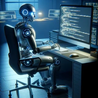 Robot sitting in front of computer programming a program