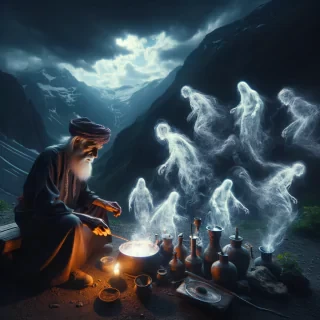 An old man preparing the black magic in the dark mountains and ghosts around