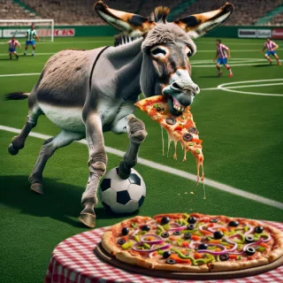 donkey playing football and eating pizza