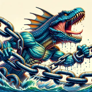 Godzilla trapped in a big chain trying to escape colored image