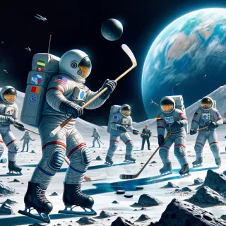 scientists playing hockey on moon enjoying the achievement