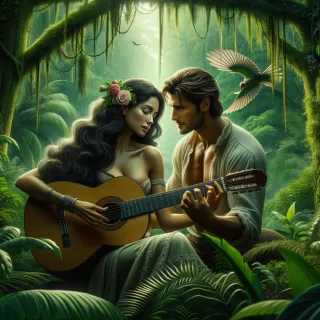 A romantic women with long hairs playing guitar for her handsome husband in the jungle