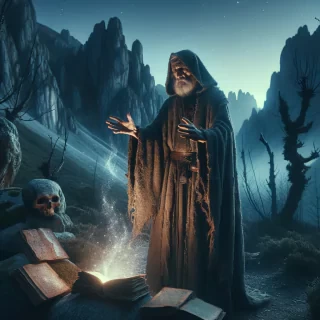 An old man preparing the black magic in the dark mountains
