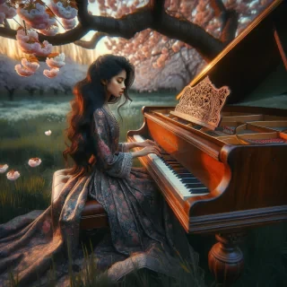 a beautiful girl sitting next to a tree playing piano