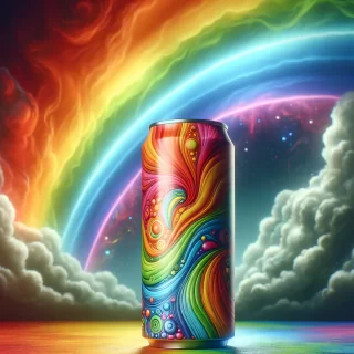Colorful energy drink can with rainbow background