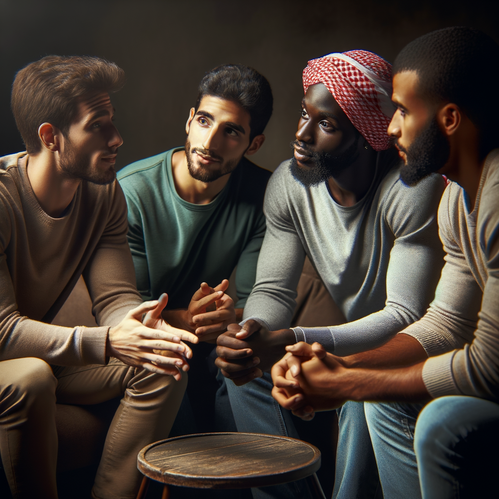 Small group of brave men friends having a deep conversation