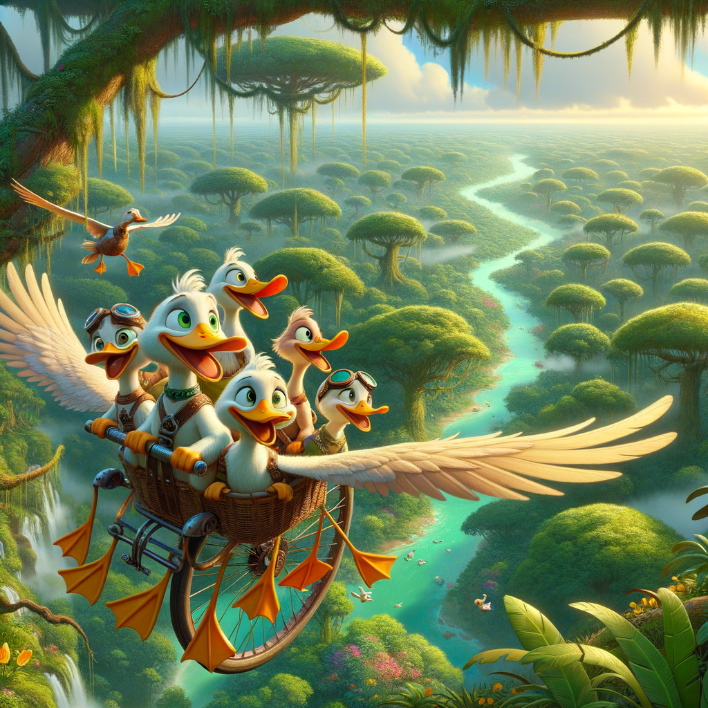 ducks on flying bicycle enjoying the view of jungle