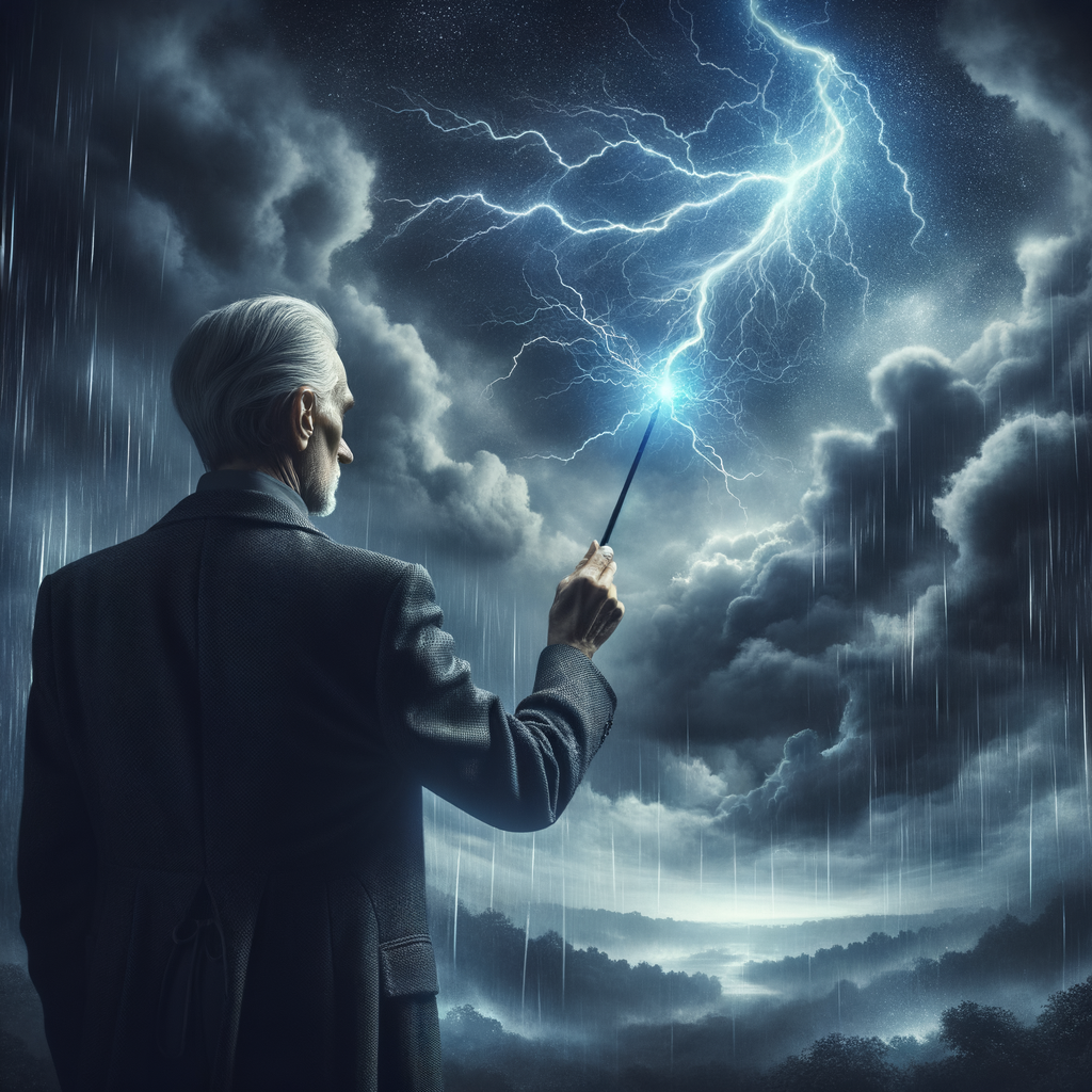 An old man with hidden face using a wand to generate the thunder light in the dark rainy sky view from the distance